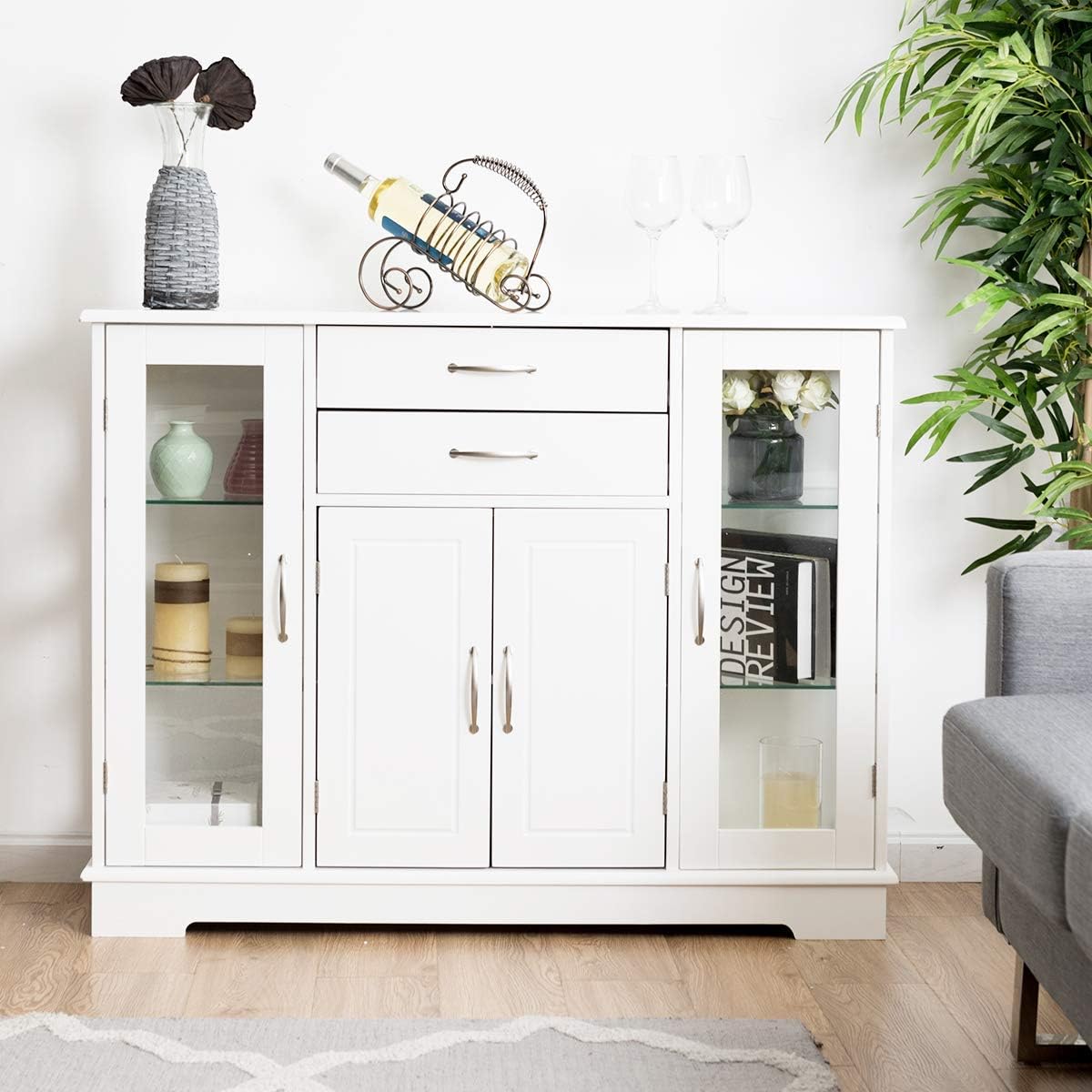 Sideboard Buffet Server Storage Cabinet W/ 2 Drawers, 3 Cabinets and Glass Doors