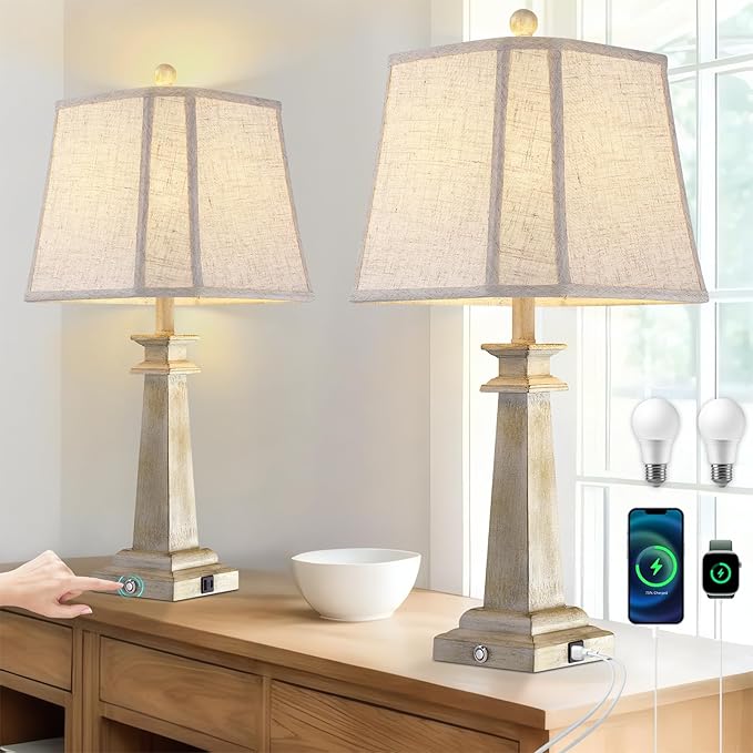 27.5" Farmhouse Table Lamps Set of 2 with USB Charging Ports