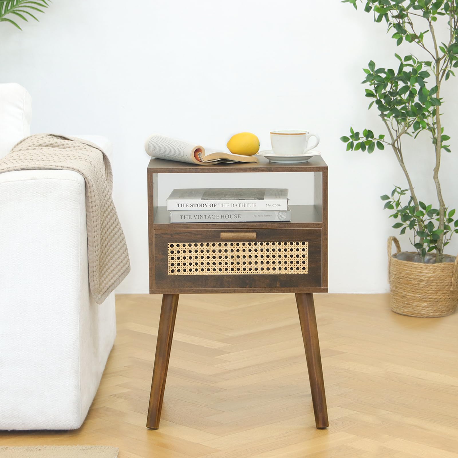 Mid Century Nightstand, Rattan Side Table