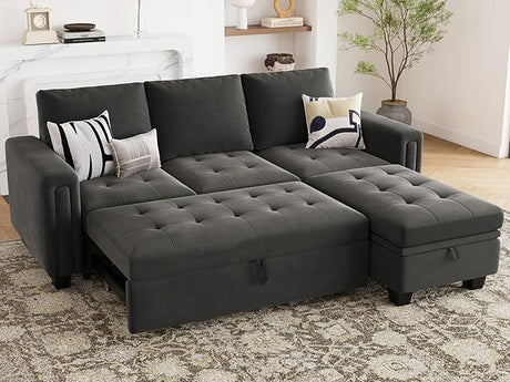 Secitonal Sleeper Sofa with Pull Out Couch Bed Modular Sectional Sofa with Storage Couch Velvet L Shaped Couch Sleeper Sofa Bed Beige