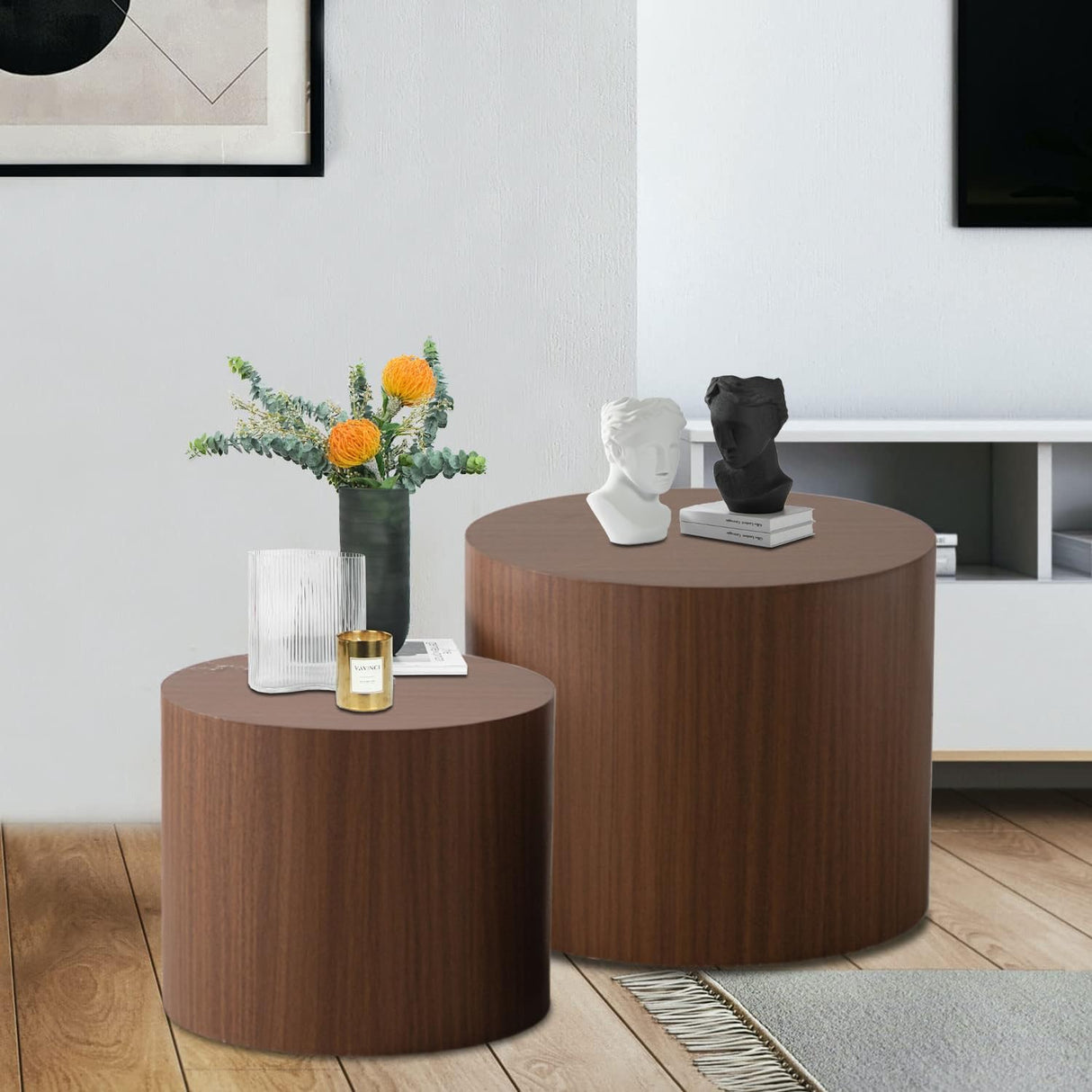 Round Nesting Coffee Table Set of 2 Modern Drum Coffee Table Side Table Storage