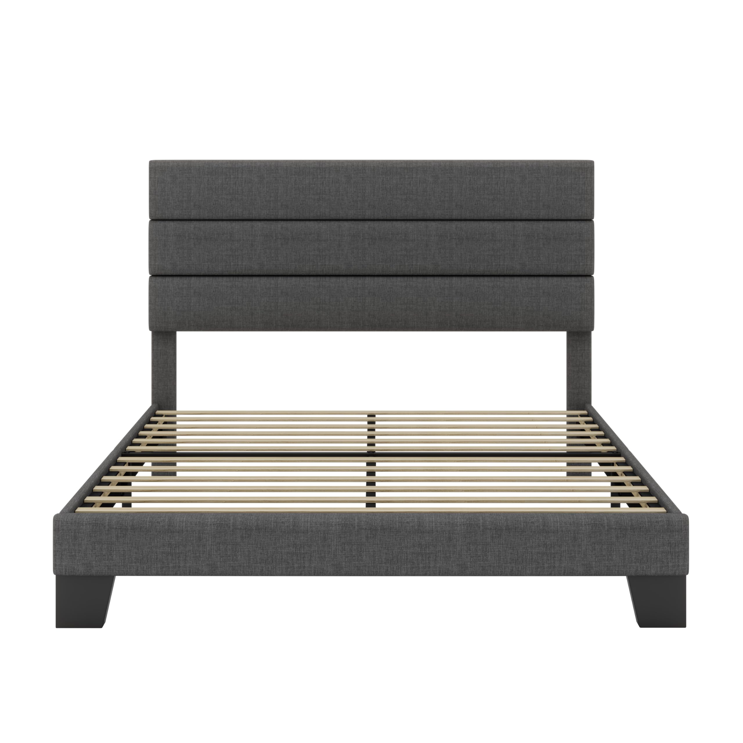 Queen Platform Bed Frame with Upholstered Fabric Headboard, Mattress Foundation