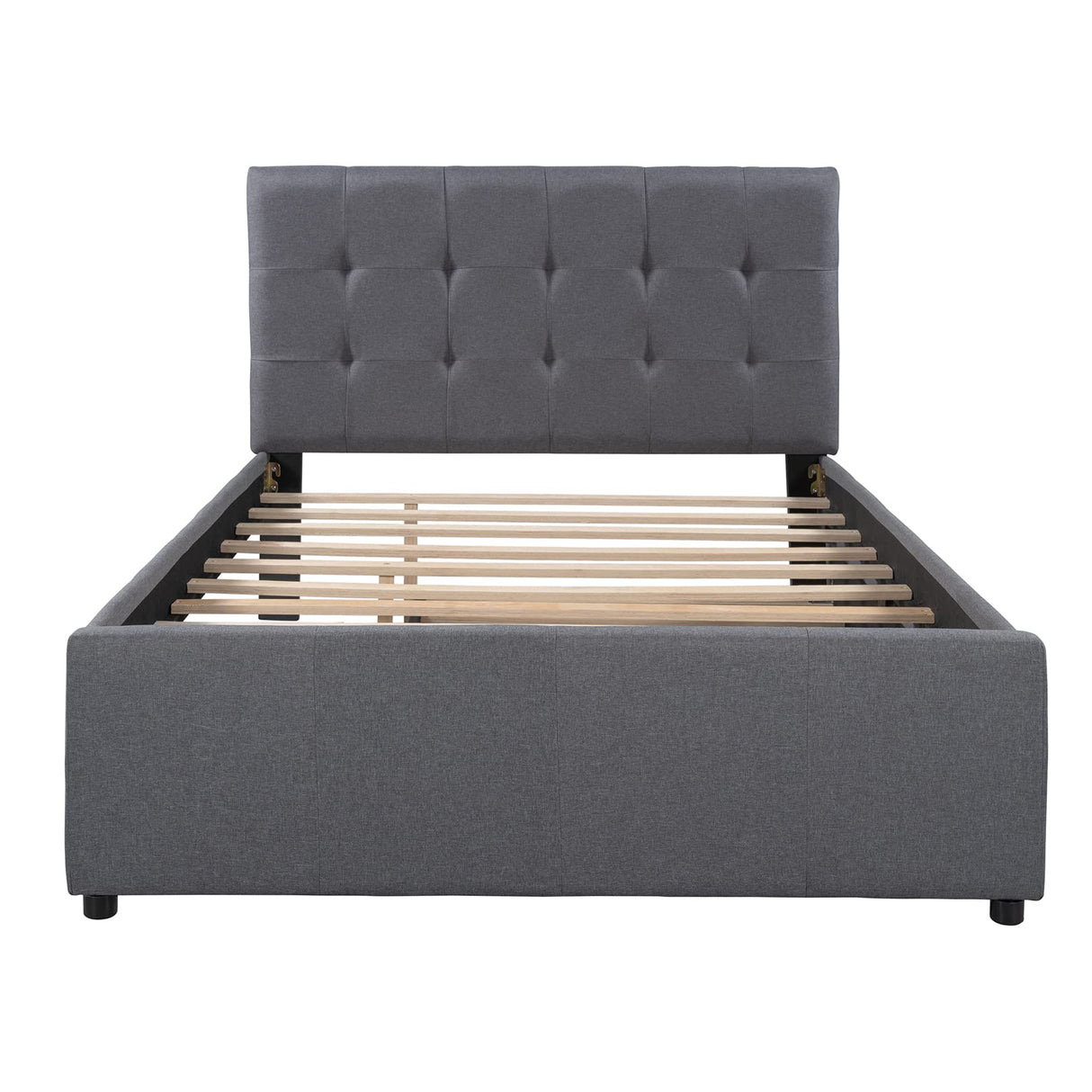 l Size Linen Upholstered Platform Bed Frames with Quiet Trundle Bed, Mid-Century Modern
