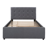 l Size Linen Upholstered Platform Bed Frames with Quiet Trundle Bed, Mid-Century Modern