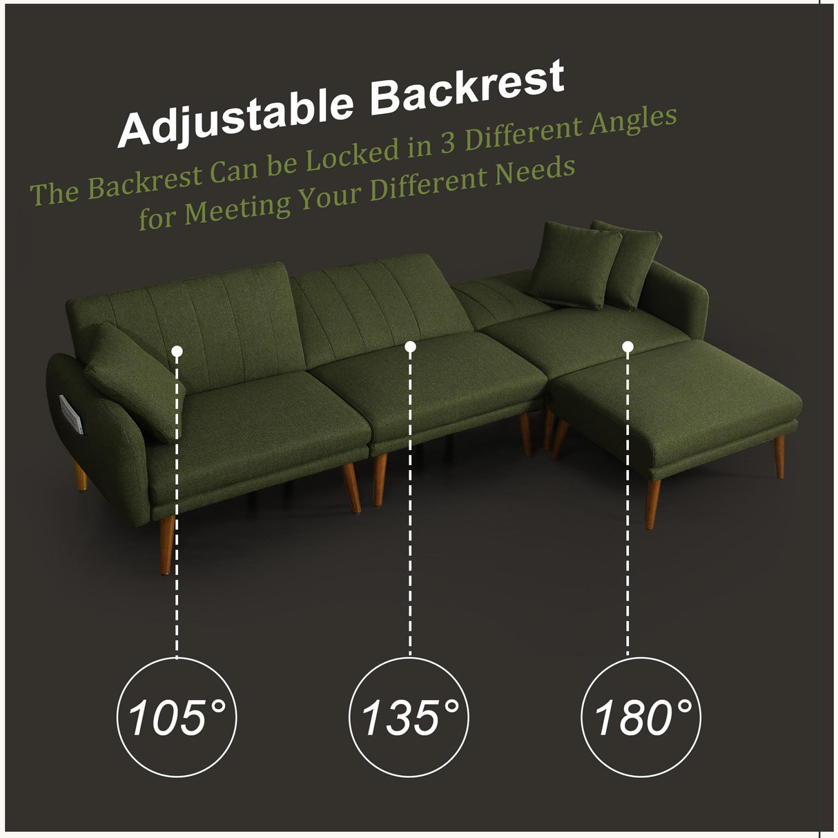 jamege Sectional Couch Sofa Bed, L-Shaped Linen Fabric Sofa Sleeper with Reclining Backrest and Removable Ottoman for Apartment Living Room