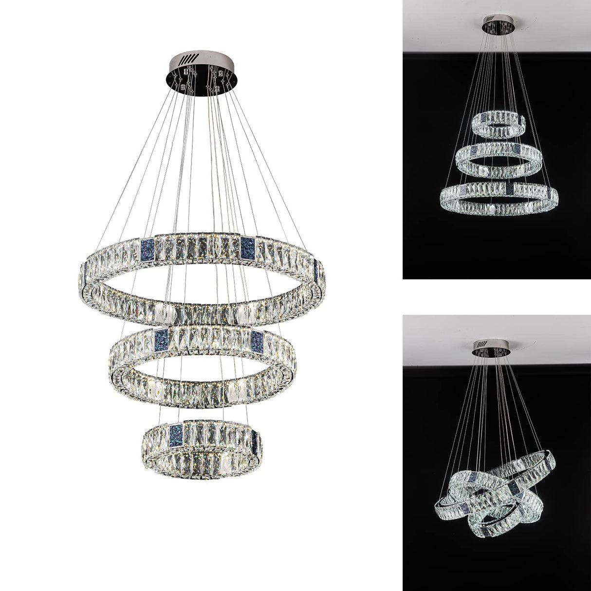 IDEQUY 3 Ring Crystal Chandeliers High Ceiling Pendant Lighting Crystal Chandeliers for Living Room Dining Room Entrance Foyer 16''+24''+32''