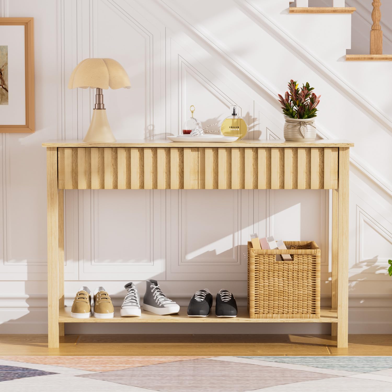 Entryway Console Table with 2 Fluted Drawers and Shelf, 47.2" Boho Entryway Table