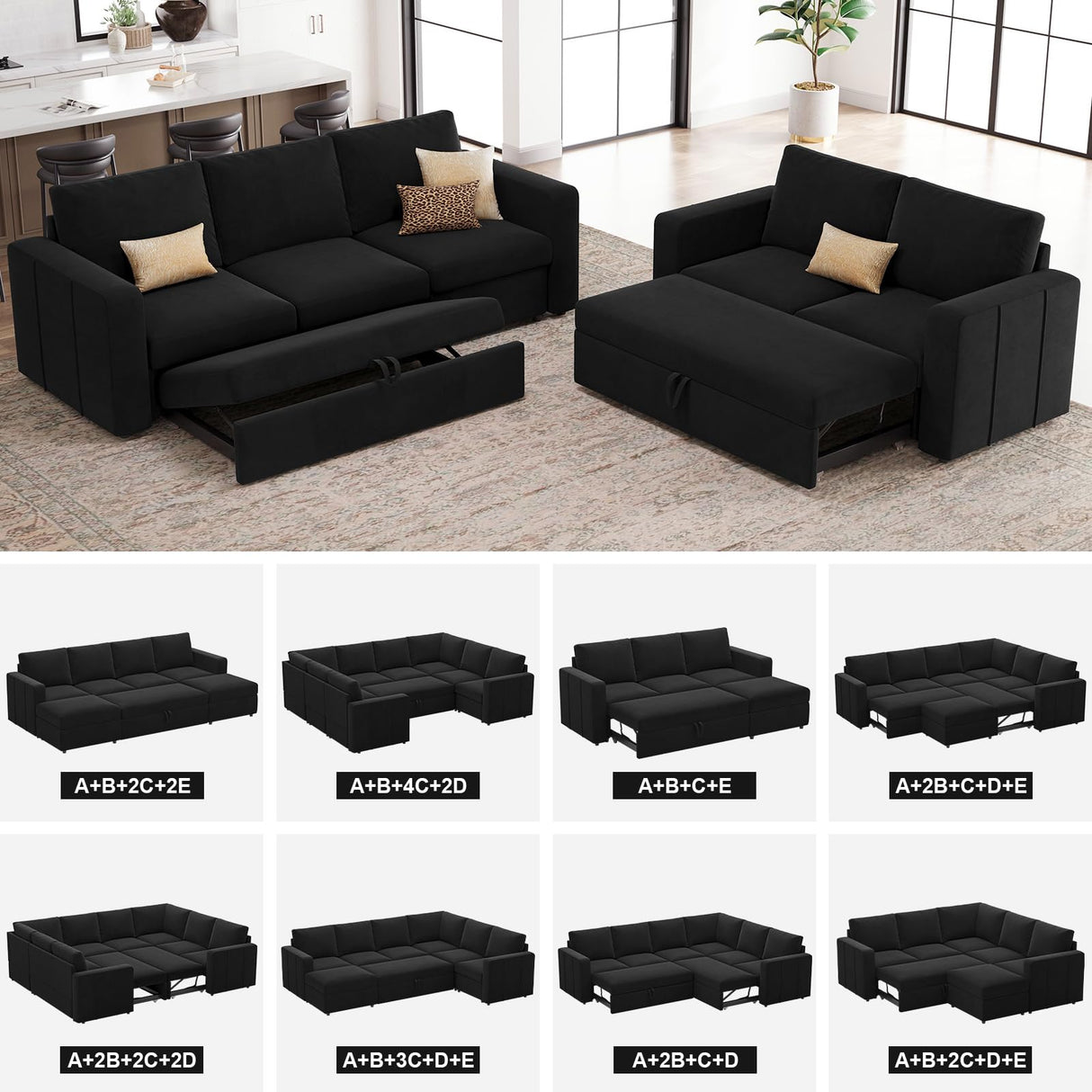 Modular Sectional Sleeper Sofa with Pull Out Couch, U Shaped Sleeper Pull