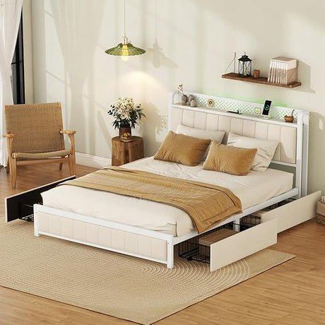 Storage Shelves & USB Charging Ports Headboard, Modern Beige