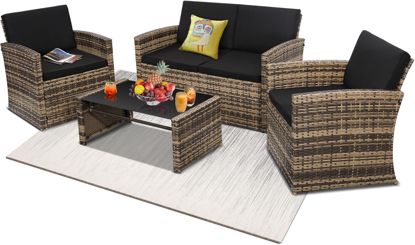 4 Pieces Patio Conversation Set, Outside Rattan Sectional Sofa, Cushioned Furniture Set