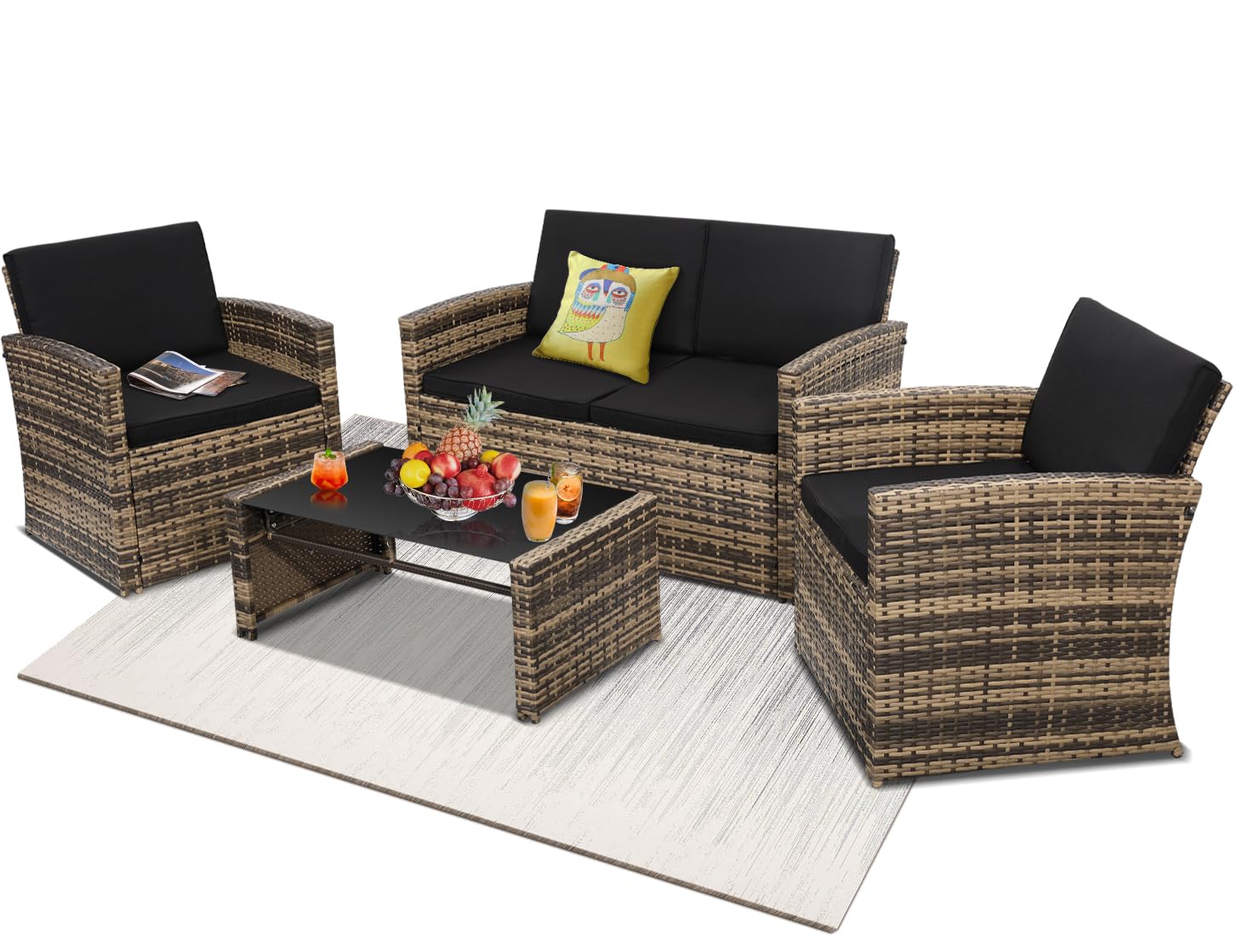 4 Pieces Patio Conversation Set, Outside Rattan Sectional Sofa, Cushioned Furniture Set
