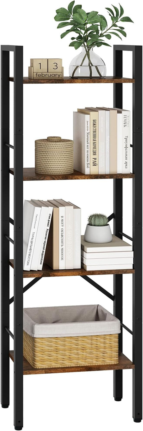 4 Tier Ladder Shelf Industrial Small Bookcase, Narrow Small Bookshelf with Metal Frame, Multifunctional Skinny Shelf for Bedroom, Living Room, Home Office, Rustic Brown