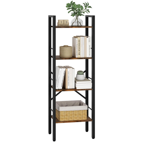 4 Tier Ladder Shelf Industrial Small Bookcase, Narrow Small Bookshelf with Metal Frame, Multifunctional Skinny Shelf for Bedroom, Living Room, Home Office, Rustic Brown