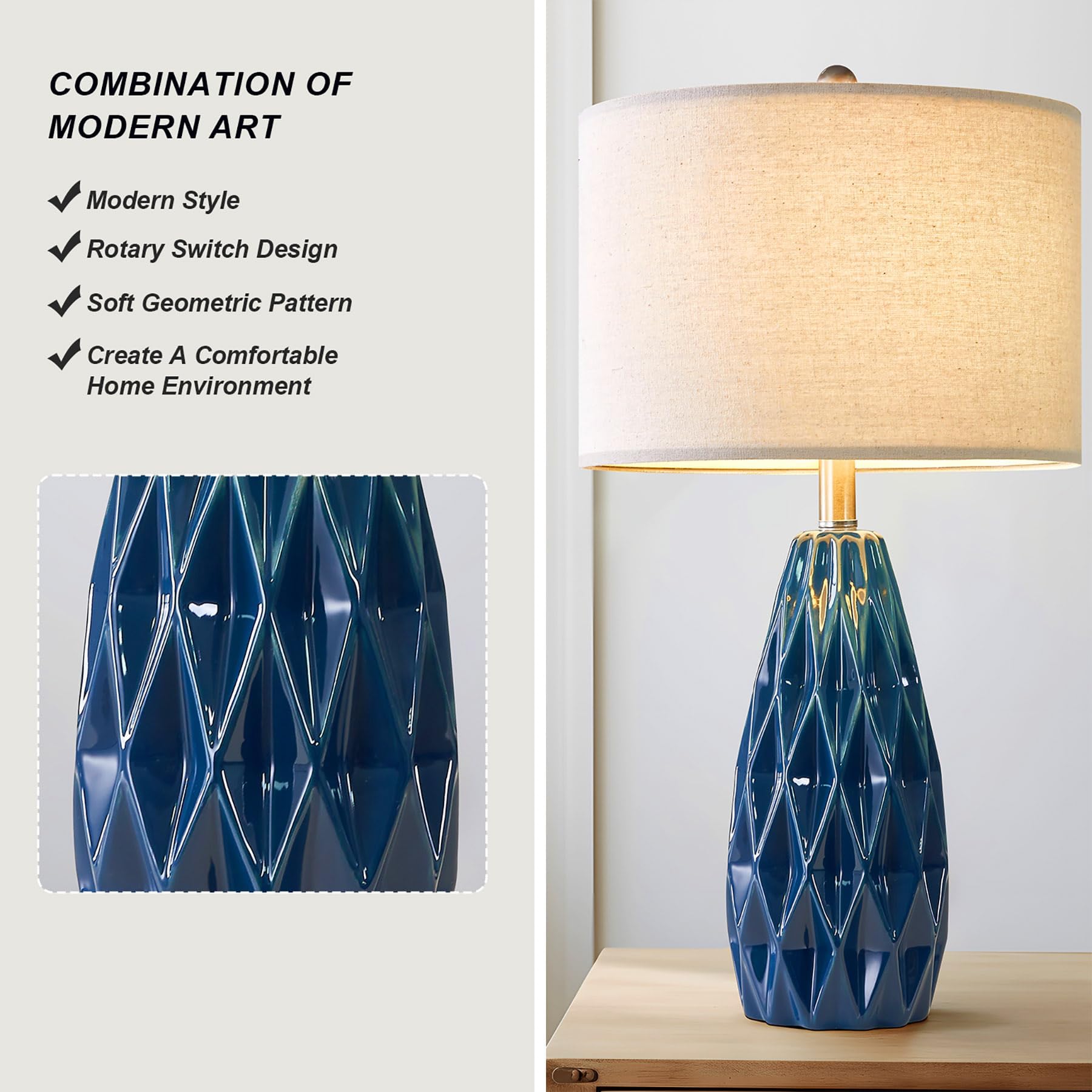 23" Table lamp Set of 2 Modern Ceramic Small Blue Embossed Geometric Pattern Bedside
