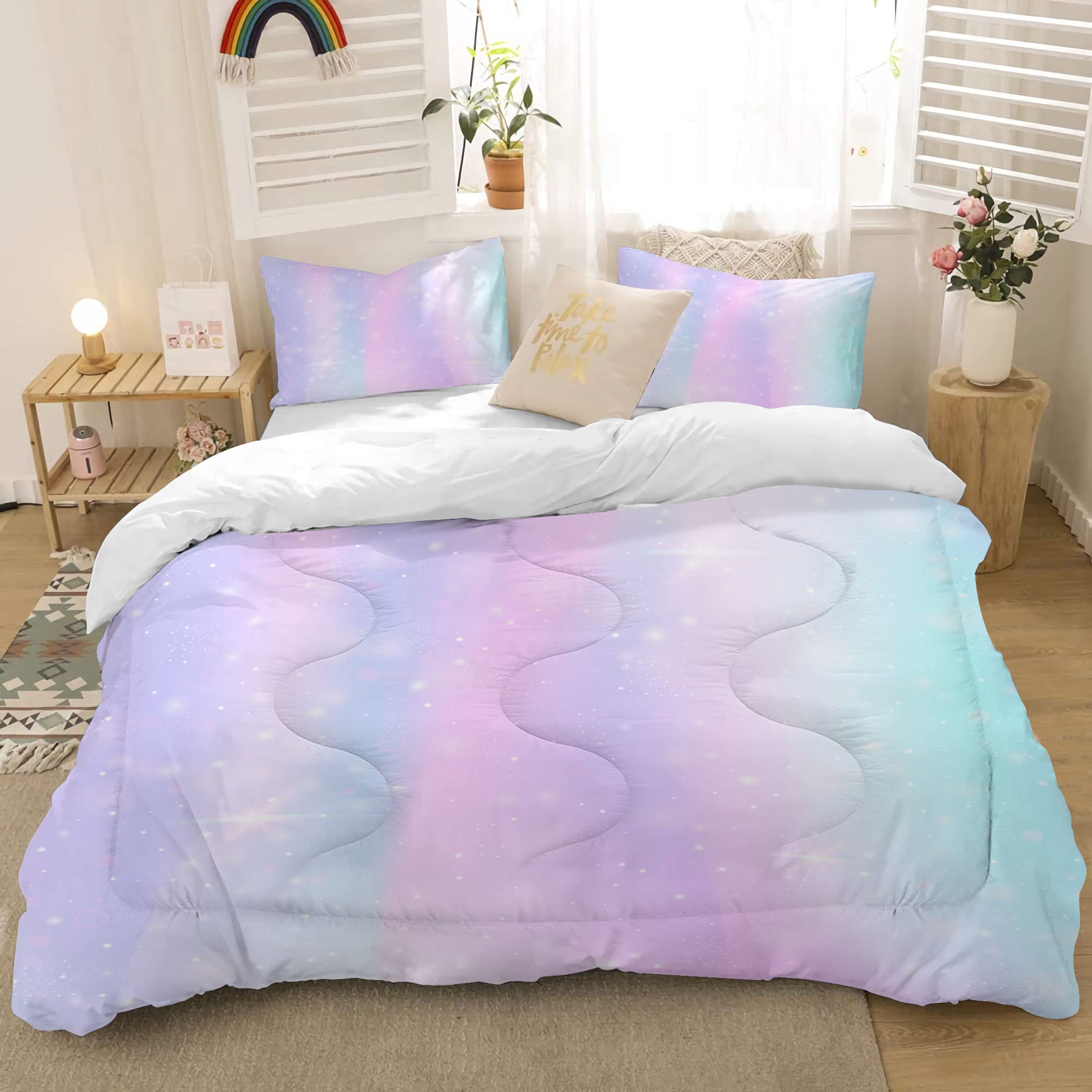 Colorful Girls Comforter Set 3D Rainbow Scales Queen Bedding Set Durable Quilt
