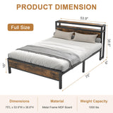 Full Bed Frame with Charging Station Headboard, Platform Bed with 2-Tier Storage Shelf,