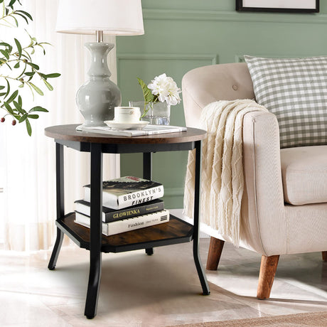 Vintage Round End Table, Industrial 2-Tier Side Table with Storage Shelf & Steel Frame