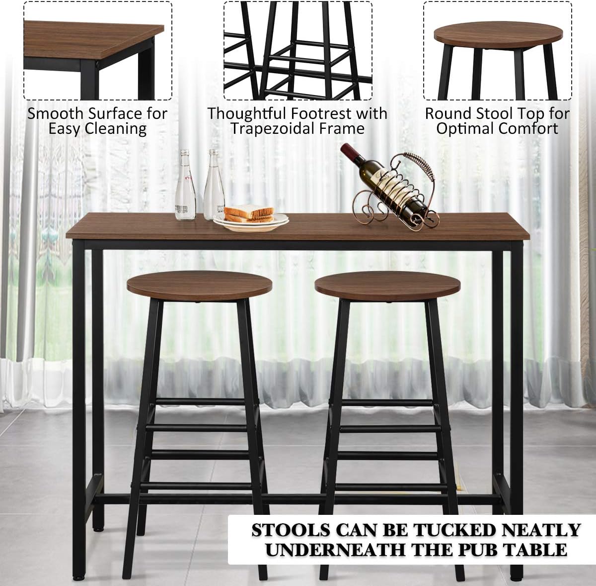 3-Piece Pub Table Set, Bar Table with 2PCS Backless Bar Stools