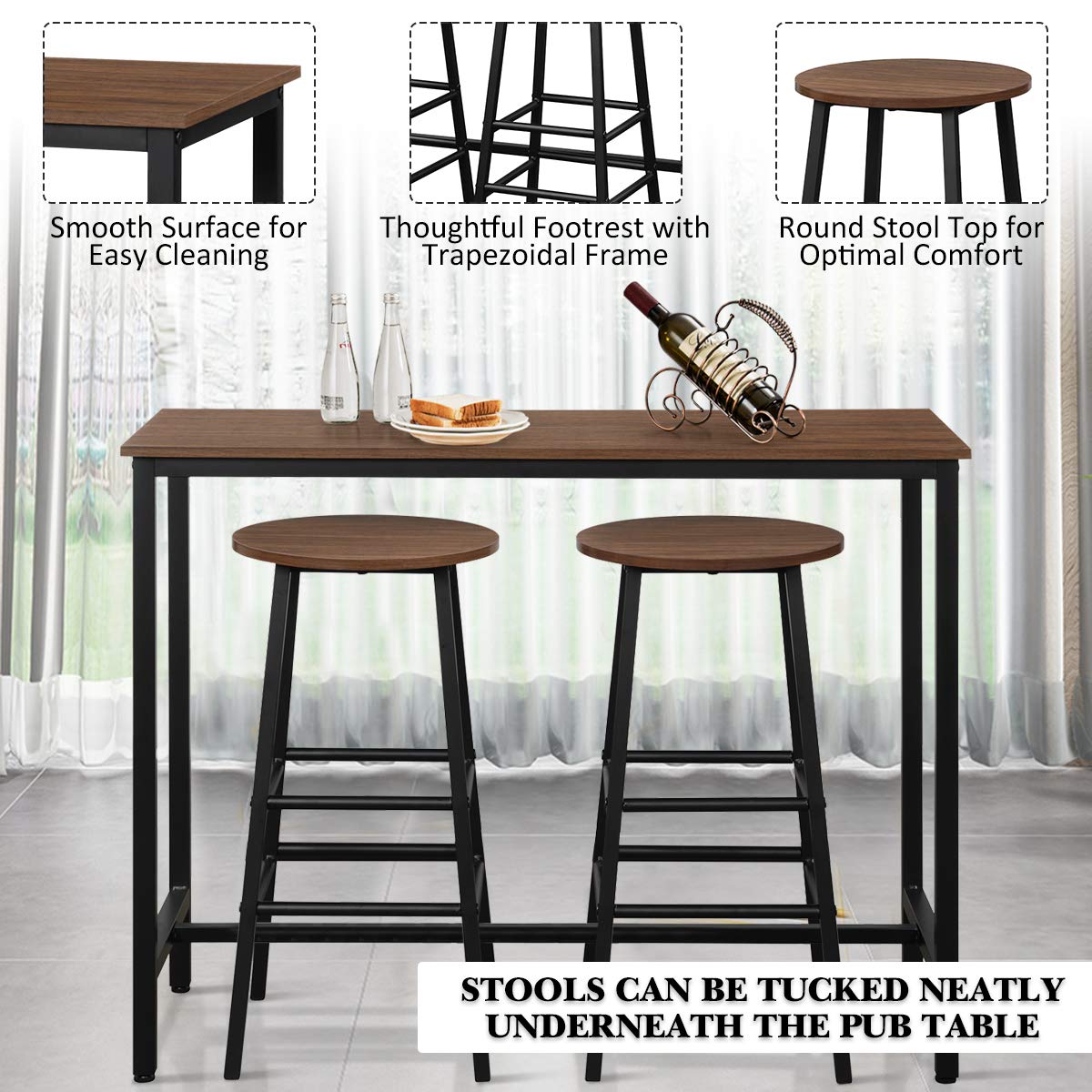 3-Piece Pub Table Set, Bar Table with 2PCS Backless Bar Stools