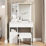 Small Makeup Vanity Desk Set with Sliding Mirror and Stool,Vanity Table with Storage Drawers and Shelves for Bedroom (White)