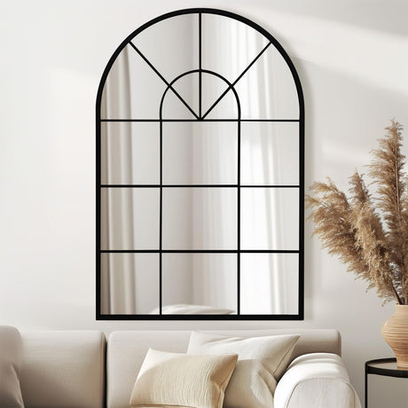 Arched Window Metal Mirror, Black Large Rustic Windowpane Wall Mirror