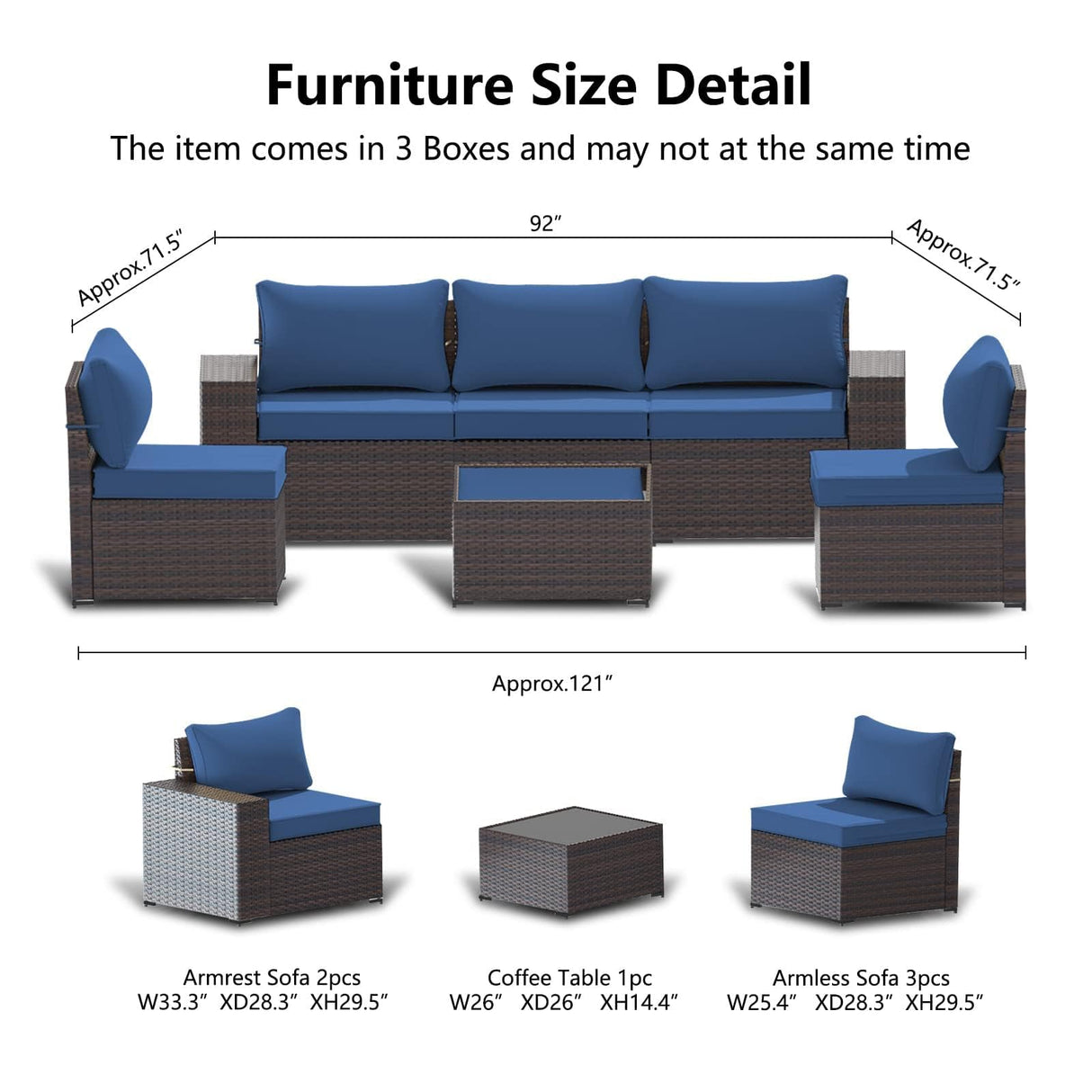 , 6 Pieces Outdoor Sectional Furniture High Backrest Patio