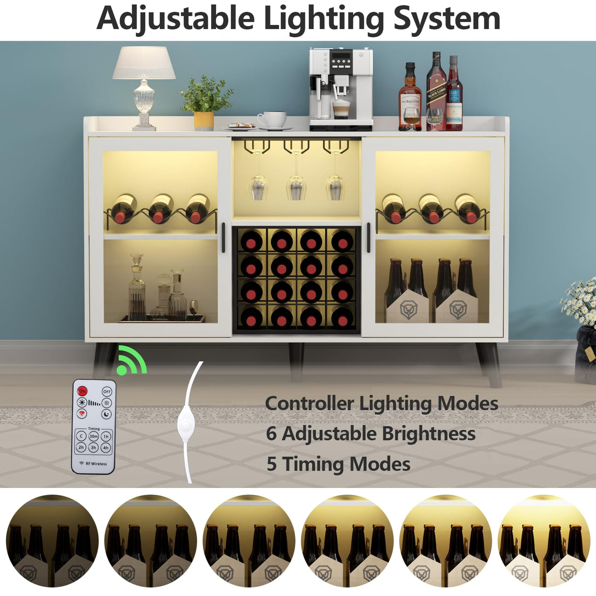 Wine Bar Cabinet with LED Light, Home Coffee Cabinet with Wine Rack and Glass Holder