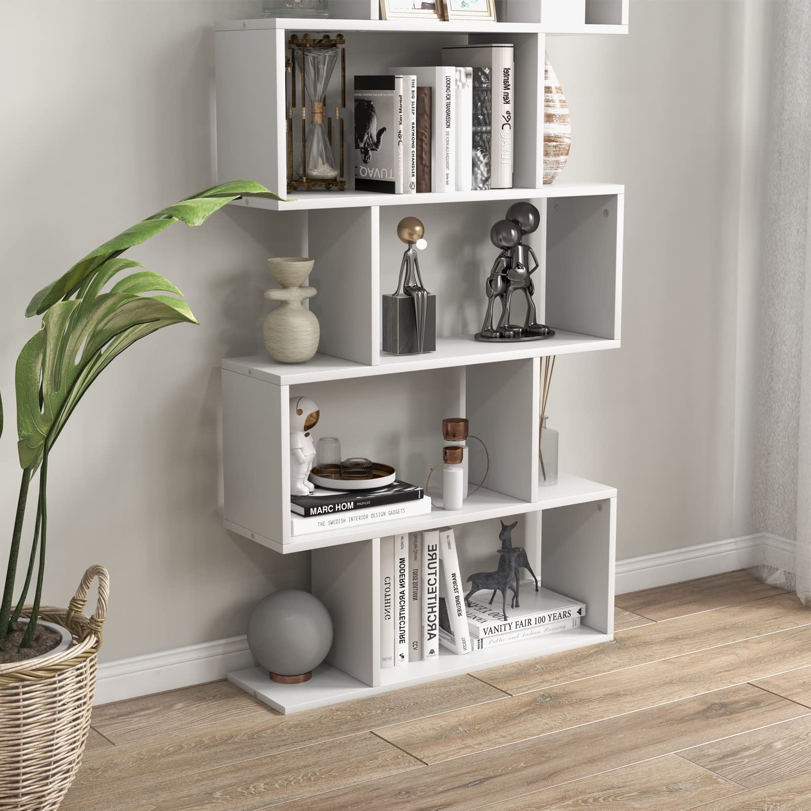 Tangkula 6-Tier Geometric Bookcase, Modern S-Shaped Storage Display Bookshelf for Living Room, Anti-Toppling Device, Home Office Wooden 6 Shelf Open Bookcase (1, White)