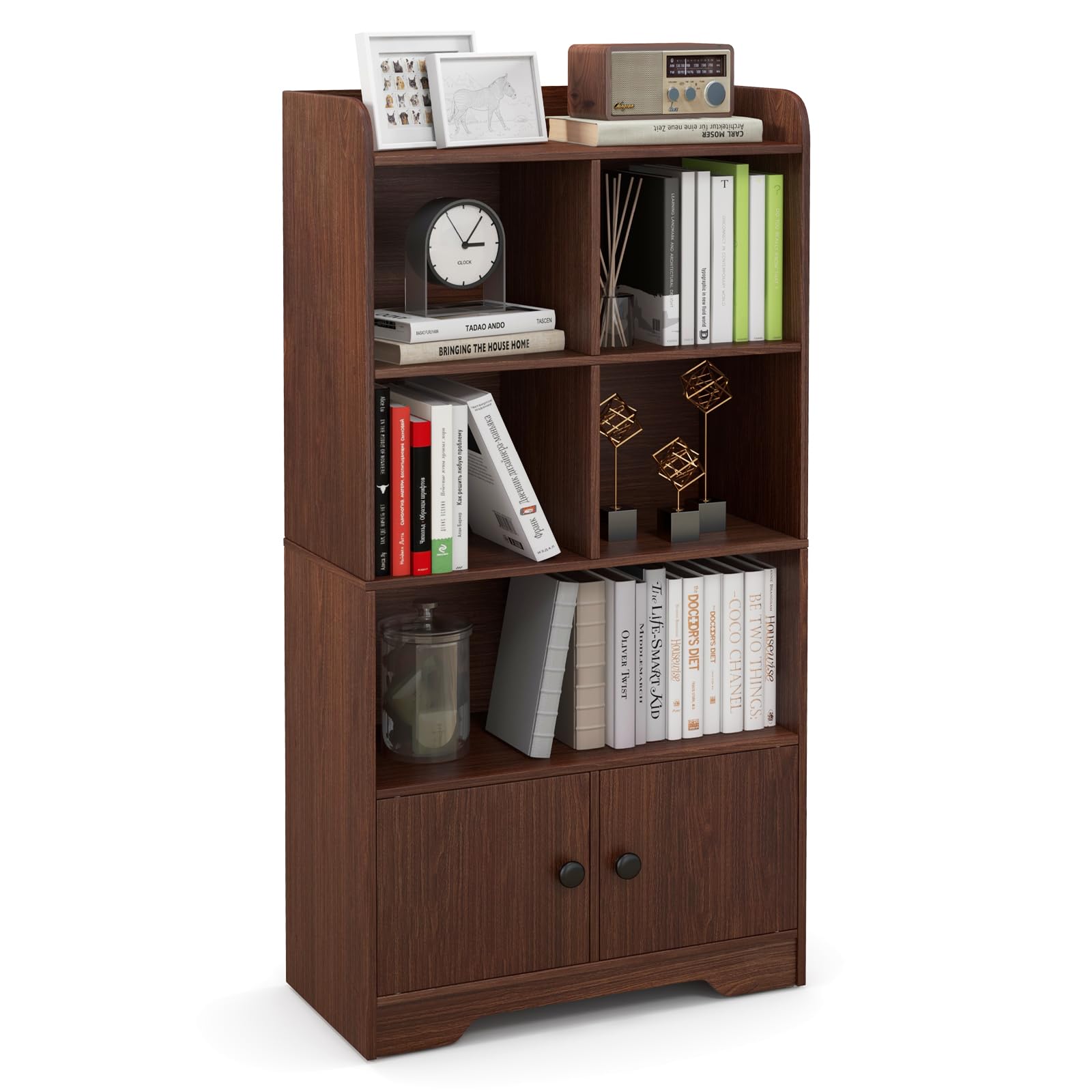 4-Tier Bookcase with Doors, 47.5" Tall Freestanding Wooden Bookshelf with 3 Shelves, 4 Cubes Storage Cabinet Organizer for Kids Room Office Living Room Bedroom Study, Brown