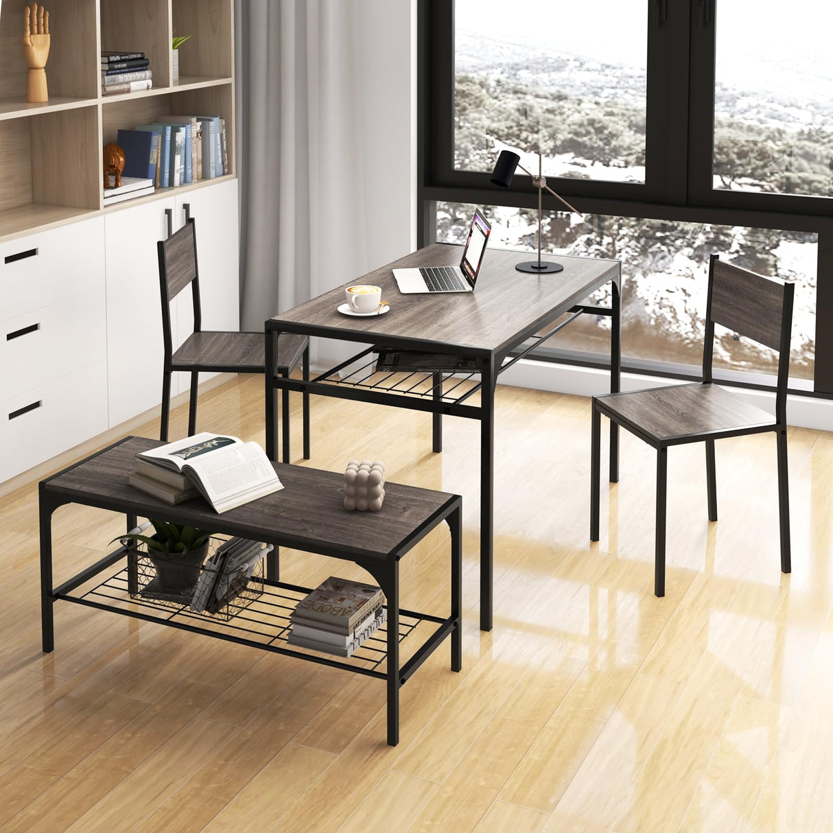 4 Pieces Dining Table Set, Kitchen Table and 2 Chairs for 4 with Bench, Storage Racks,