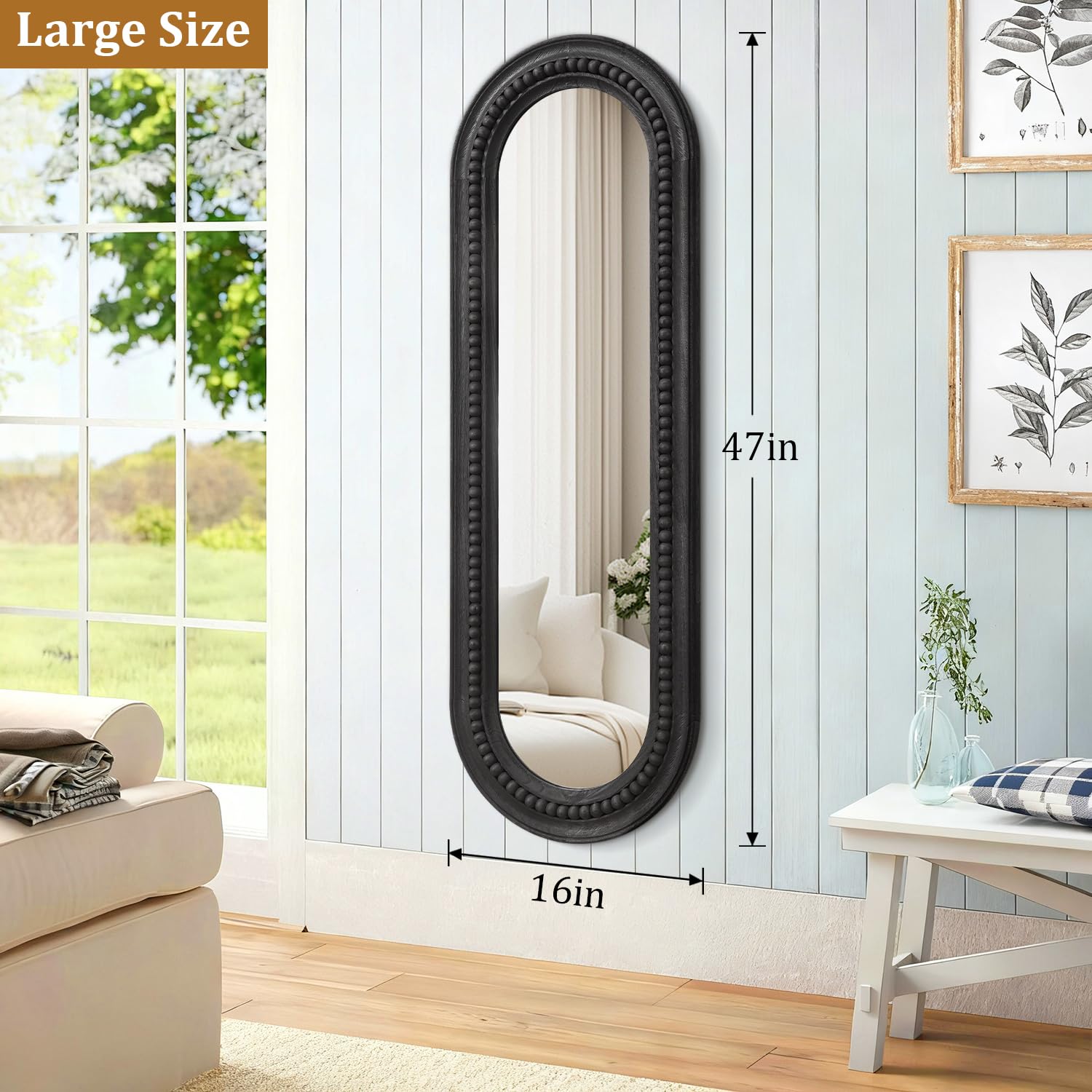 Oval Full Length Mirror with Beaded Wood Frame - 47"x16" Black Wall Mirror