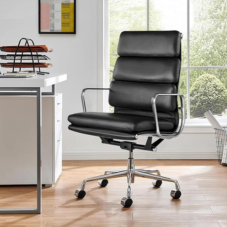 Leather Office Chair, Padded Executive Desk Chair with Arms and Wheels, Modern Rolling