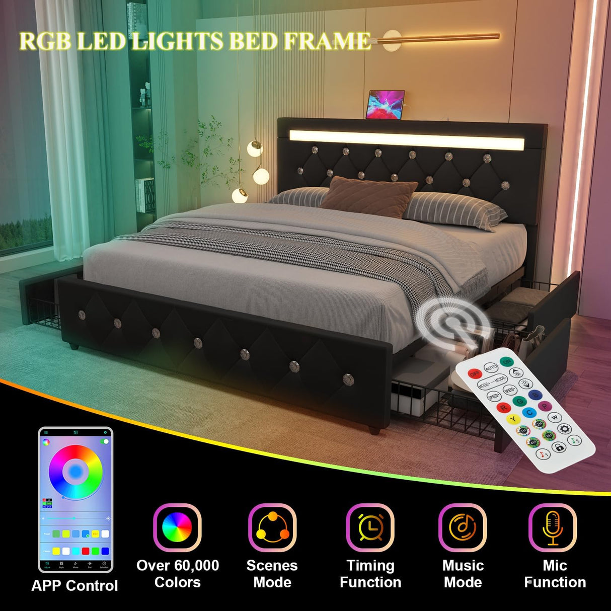 Benevika Queen Size Bed Frame with 4 Drawers and Charge Station, PU Leather Upholstered Bed with Adjustable LED Headboard, Wooden Slats Support, No Box Spring Needed, Black