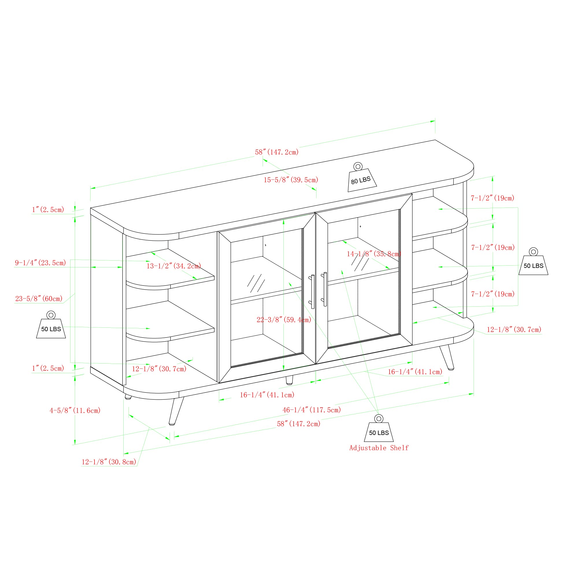 Willow Modern Fluted Door Curved End Sideboard, 58 Inch, Dark Walnut