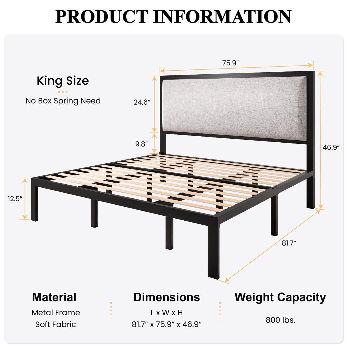 King Size Platform Bed Frame with Minimalist Upholstered Headboard, Metal Structure,