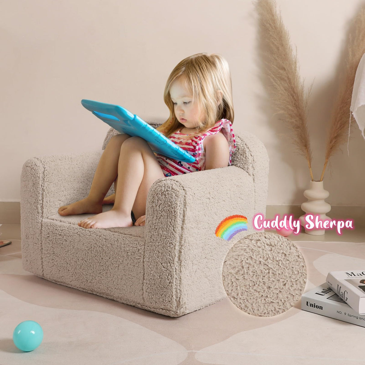 Kids Snuggly-Soft Sherpa Chair, Cuddly Toddler Foam Chair for Boys and Girls, Light Grey