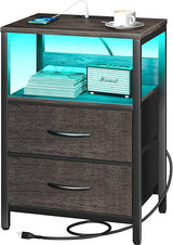 Nightstand with Charging Station, LED Night Stand with Fabric Drawers tlets