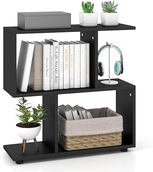 2 Tier Geometric Bookshelf, Freestanding Wood Display Shelf, Home Office Décor Room Divider S Shaped Open Bookcase, Small Bookshelf for Small Spaces, Living Room, Study (Coffee, 1)