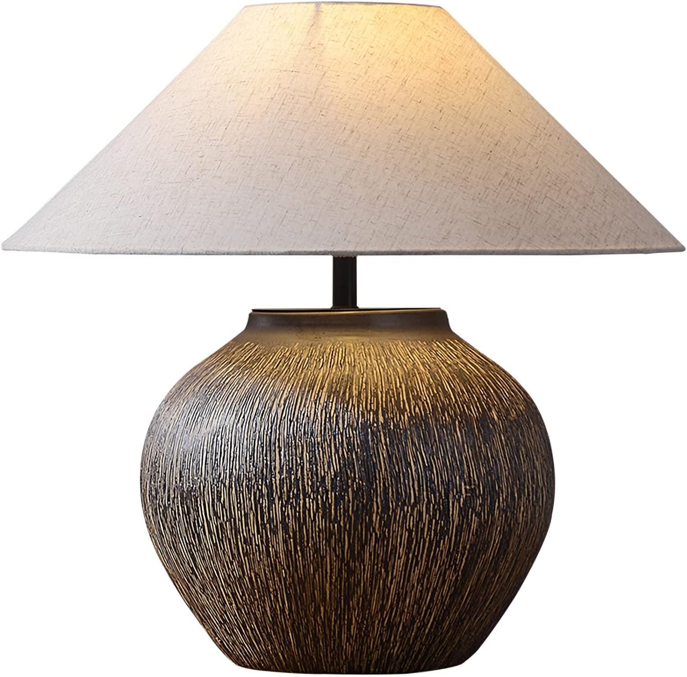 Rustic Farmhouse Table Lamp 20.8" Neutral Ceramic Table Lamp Brown White Checkered
