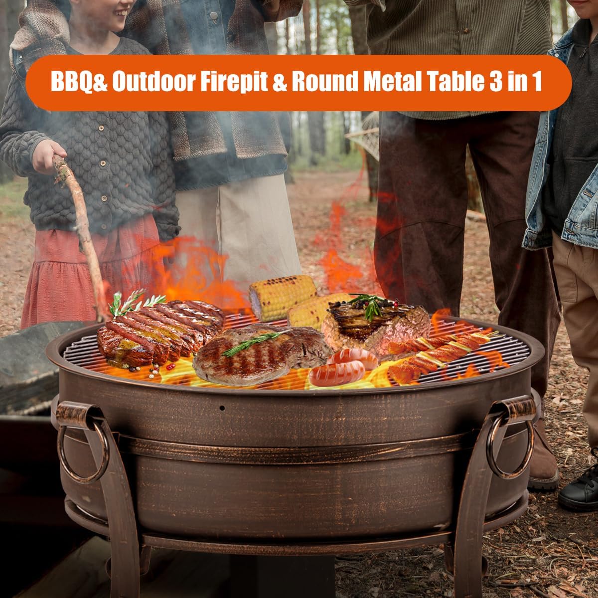 EcoNook 36 Inch Fire Pit with Grill & Lid, Fireplace & Round Table & BBQ 3 in 1 Fire Pit,Heavy Duty Wood Burning Fire Pits for Outside with Fire Poker, Waterproof Cover & Log Grate