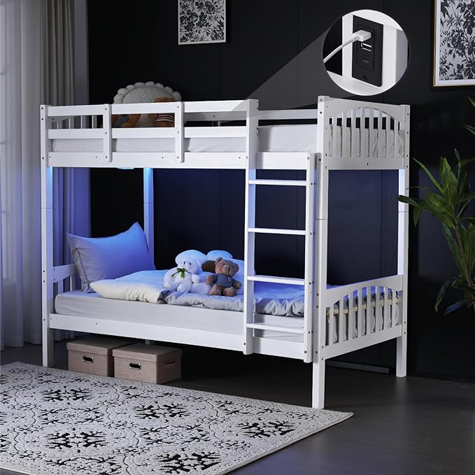 Bunk Bed Twin Over Full Size with LED Light/USB Port/15’’ Extra Tall Safety Guardrails