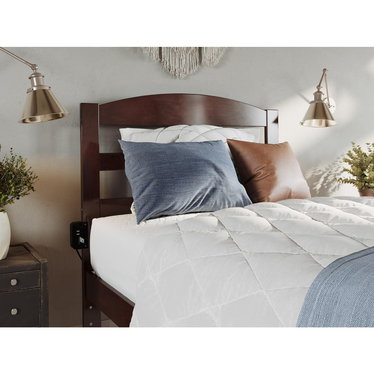 Solid Wood Twin XL Bed with Footboard and USB Charger in Walnut