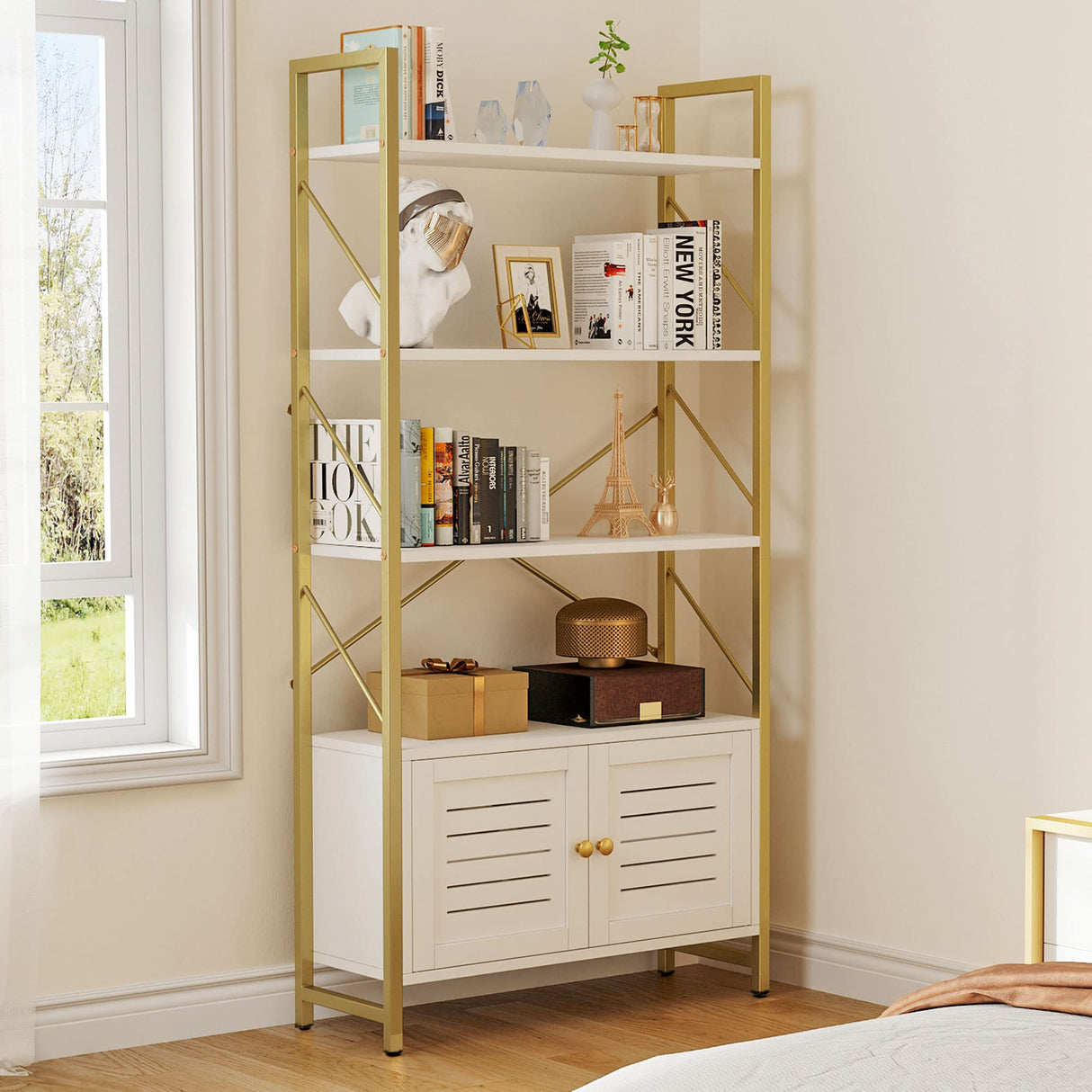 Bookshelf and Bookcase with Storage Cabinet, Standing 5 Tiers Book Shelves Display Rack with Doors for Bedroom Living Room Office,White&Gold