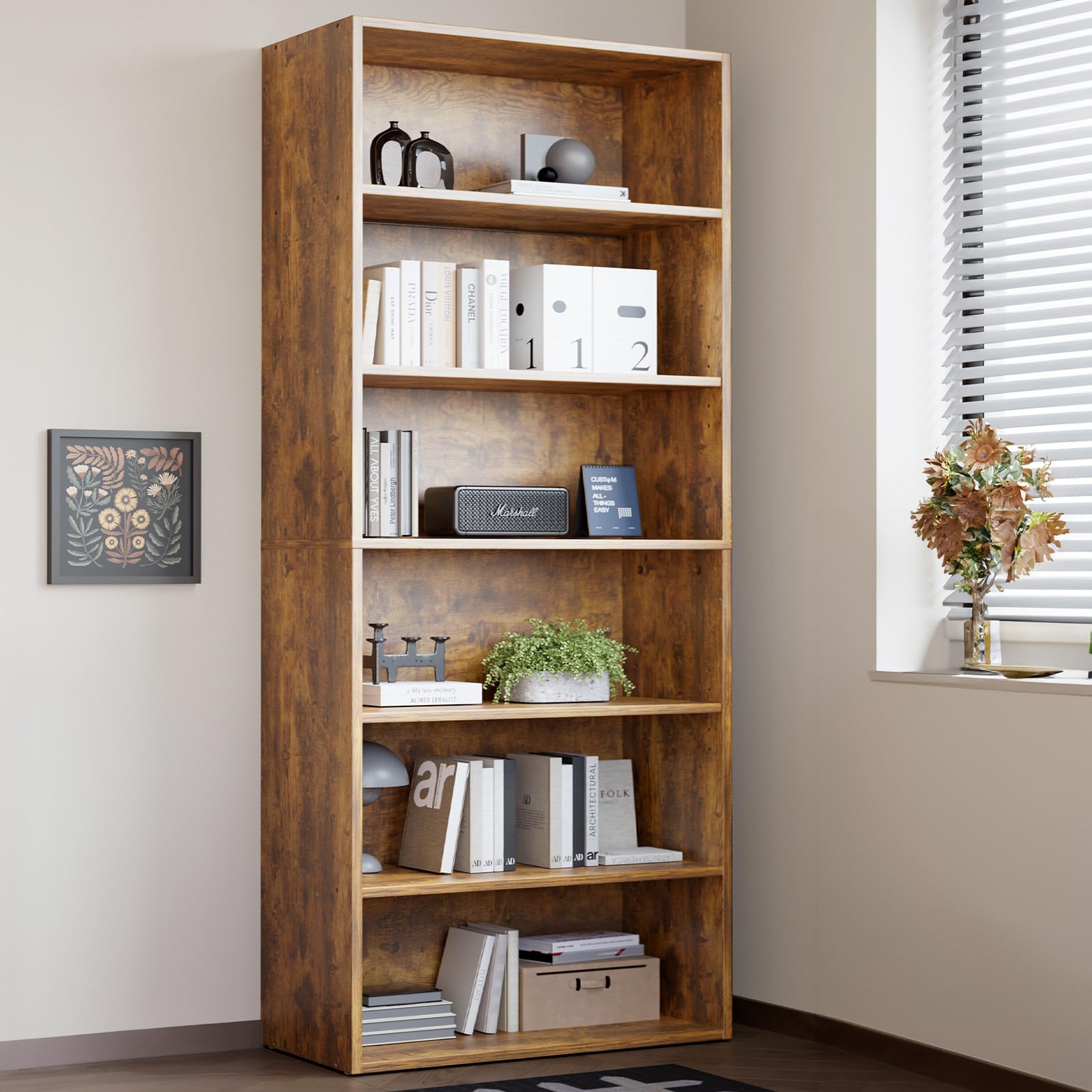 SMUG 6 Shelf Bookcase Open Industrial Bookshelf Large Storage Floor Standing 63 Inch Tall Bookcase for Home Office, Living Room, Bed Room, Rust