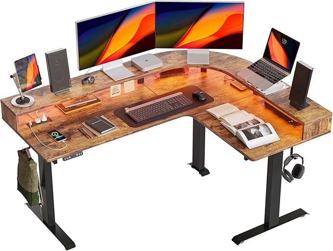 Triple Motor L Shaped Stadning Desk with LED Strip & Power Outrlets，63 inches Height