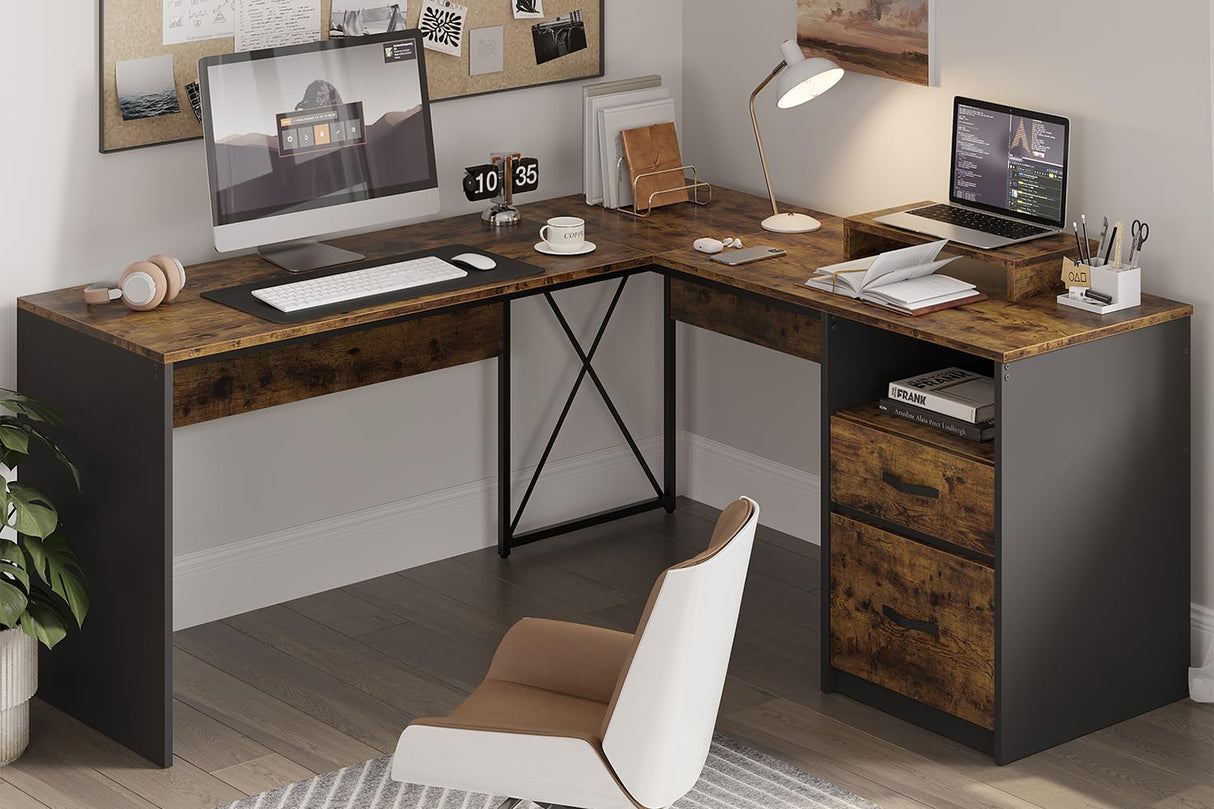 Bestier L Shaped Desk with Drawers, 55 inch Office L Desk with Reversible File Drawer, Industrial Wood Computer Desk with Monitor Stand (Rustic Brown)