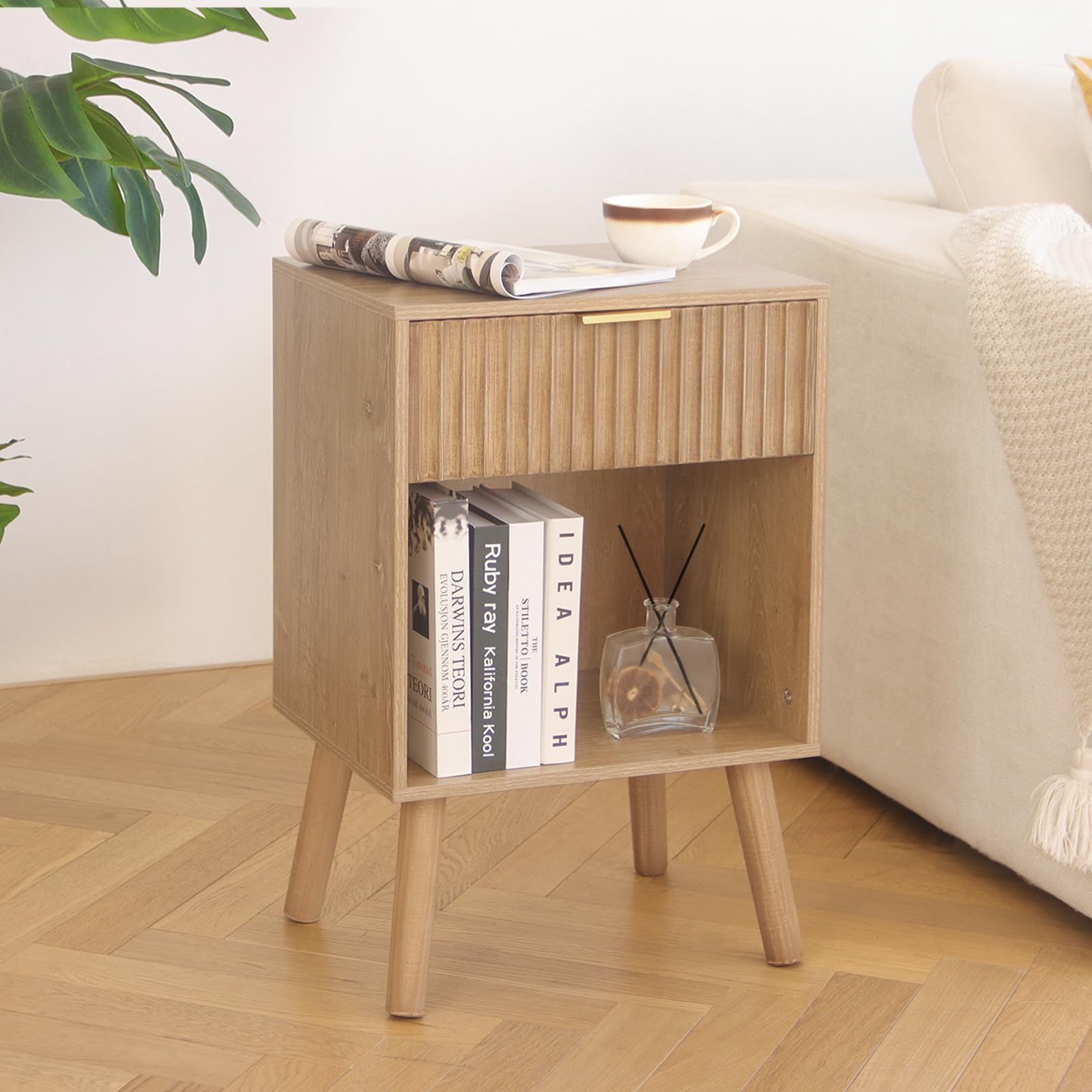 Night Stand with Drawer, Mid Century Nightstand with Storage, Modern Fluted Bedside