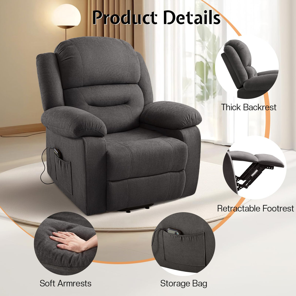 Lift Recliner Chair for Elderly, Adults Electric Reclining Chairs with Remote Control, Side Pockets, Motorized Sofa for Living Room Bedroom, Infinite Position, Black