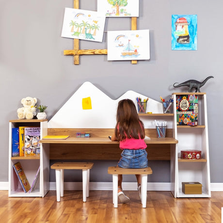 Study Desk with Bookshelf + 2 Stools for Ages 3-8, Wooden Children Activity Table