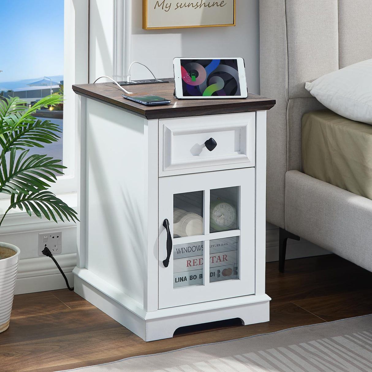 Farmhouse XXL End Table with Charging Station, Side Table with USB Ports and Outlets